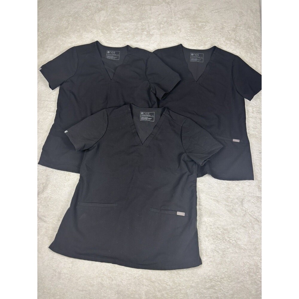 Lot of 3 FIGS scrub tops Womens Medium Black Technical Medical V Neck Tunic